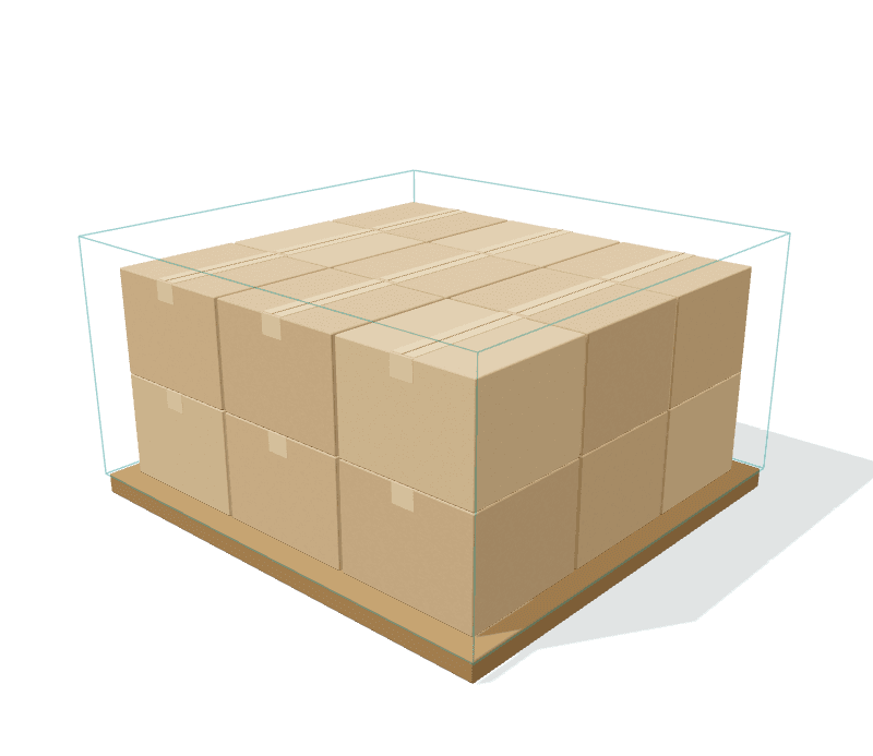 Cartons packed in two layers on a base inside a container frame